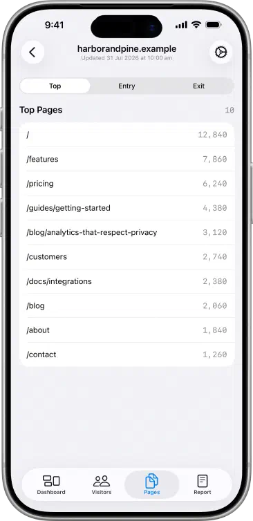 Seliq Pages screen listing the most viewed pages.
