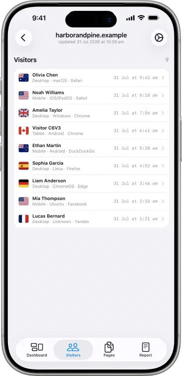 Seliq Visitors screen listing recent visitors and their device details.